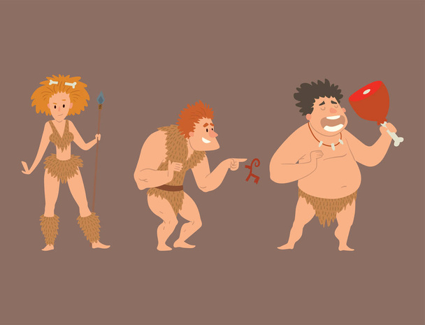 Jaskiniowiec prymitywnej epoce kamienia łupanego kreskówka ludzie neandertalczyka charakter ilustracja wektorowa ewolucji. - Wektor, obraz