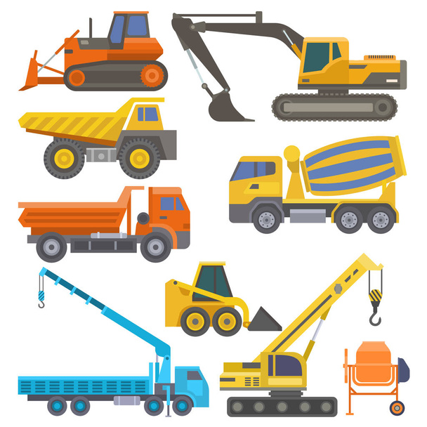 Maquinaria y equipo de construcción con camiones grúa bulldozer plana vector de transporte amarillo ilustración
 - Vector, Imagen