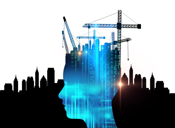 double exposure image of virtual human and construction crane 3d - Photo, Image