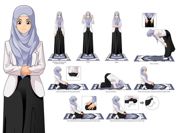 vollständiger Satz muslimischer Gebetspositionen Schritt für Schritt - Vektor, Bild