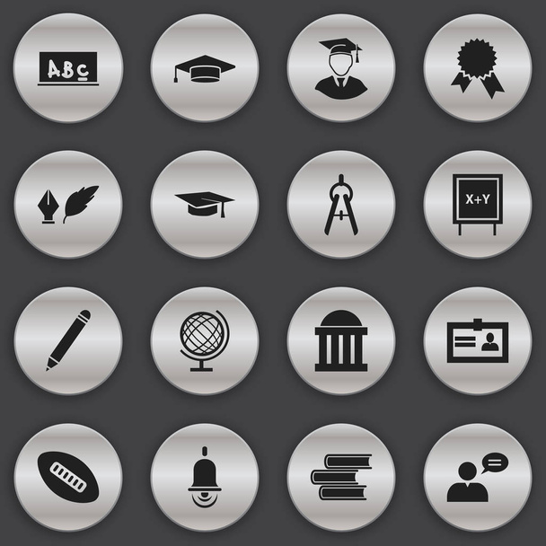 Conjunto de 16 iconos escolares editables. Incluye símbolos como la certificación, Junta Escolar, Planeta Tierra y más. Puede ser utilizado para el diseño de la tela, móvil, interfaz de usuario e infografía
. - Vector, imagen