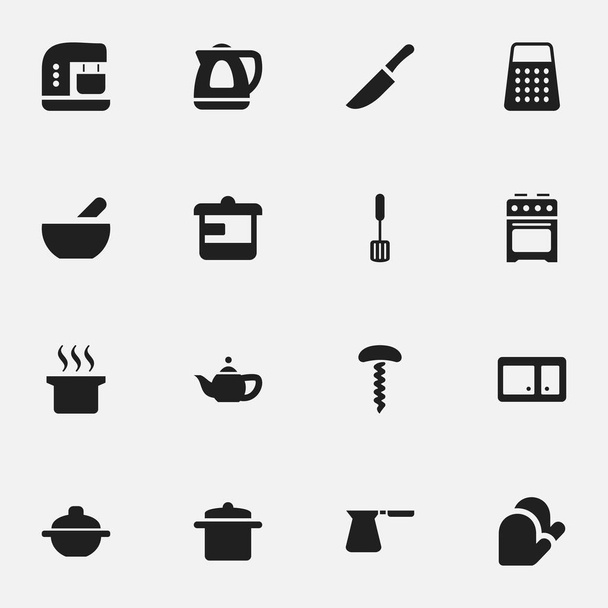 Set von 16 editierbaren Koch-Symbolen. enthält Symbole wie Reißwolf, Herd, Topf und vieles mehr. kann für Web-, Mobil-, UI- und Infografik-Design verwendet werden. - Vektor, Bild