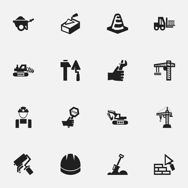 Set Of 16 Editable Building Icons. Includes Symbols Such As Excavation Machine, Endurance, Trolley And More. Can Be Used For Web, Mobile, UI And Infographic Design. - Vector, Image