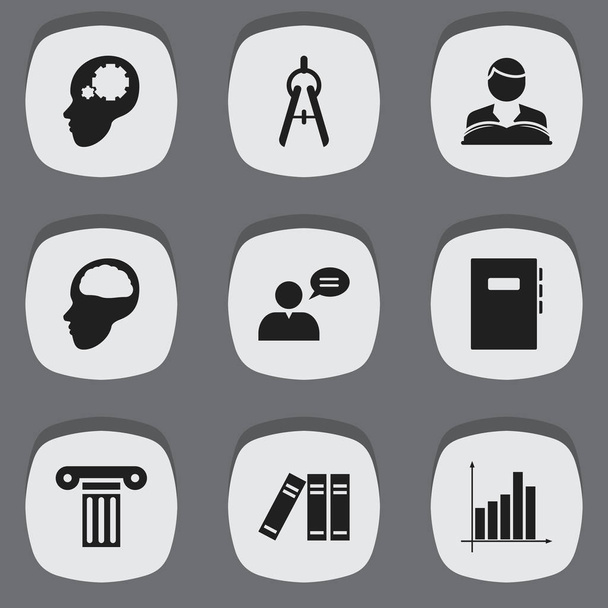 Set Of 9 Editable School Icons. Includes Symbols Such As Graph, Bookshelf, Math Tool And More. Can Be Used For Web, Mobile, UI And Infographic Design. - Vector, Image