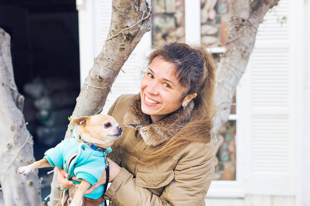 Chica o mujer sosteniendo lindo perro chihuahua al aire libre - concepto de mascotas de personas
 - Foto, imagen