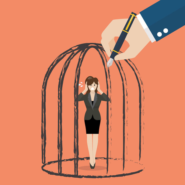 Mujer de negocios de pie en una jaula dibujada a mano
 - Vector, Imagen