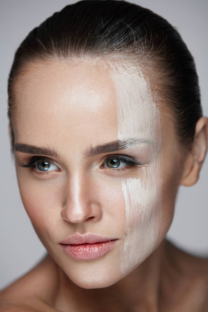 Cosmetics. Sexy Woman With Cream Mask Across Face. Skin Care - Fotografie, Obrázek