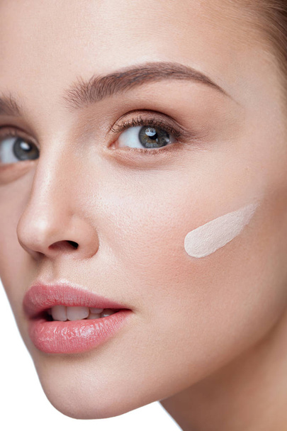 Skin Care. Sexy Girl With Liquid Foundation Stripe On Face - Photo, image