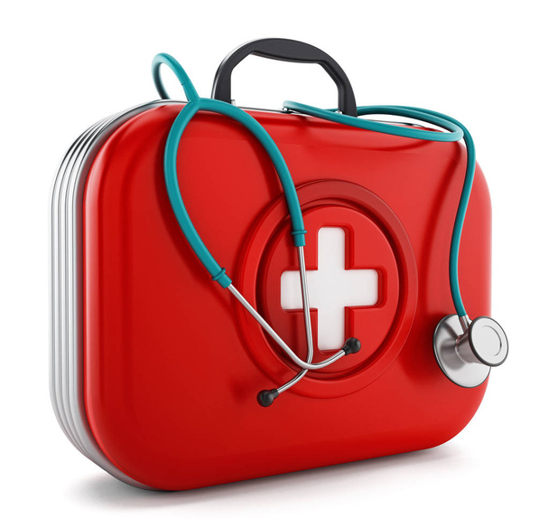 Stethoscope standing on first aid kit. 3D illustration - Zdjęcie, obraz