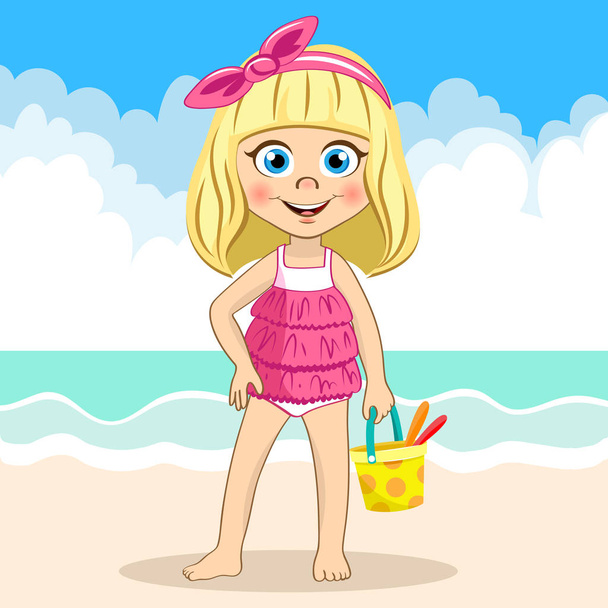 Vector cute blonde girl in pink swimsuit holding bucket at the sea beach - Vector, Image