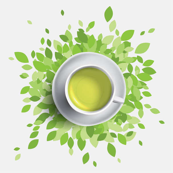 Green tea cup vector illustration. Green leaves with mug of tea. Health concept. - Vektor, obrázek