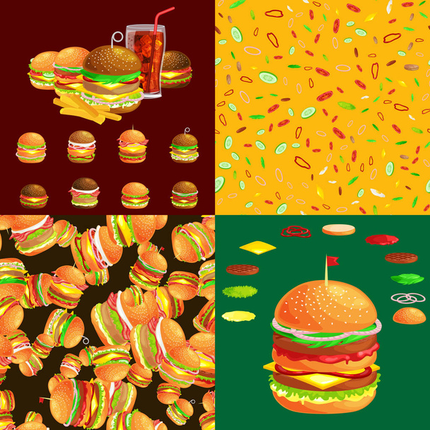 Set of burger grilled beef and fresh vegetables dressed with sauce bun for snack, american hamburger fast food barbecue meat meal with bread tomato cheese, Hamburger vecor illustration background - Vektor, Bild