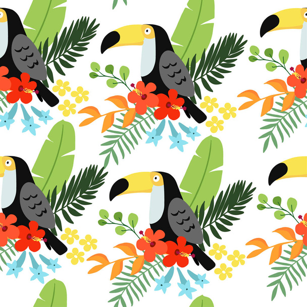 Tropical jungle seamless pattern with toucan bird, heliconia and hibiscus flowers and palm leaves, flat design. Vector illustration background. - Vektör, Görsel