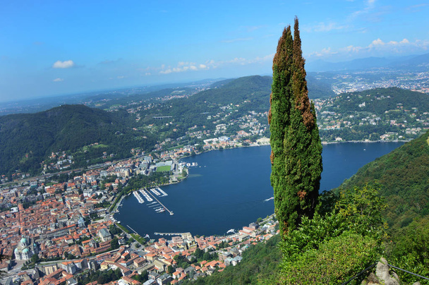 Amazing view of Como Lake from Brunate, panorama of the lake and the city of Como with green tree on the right and mountains on the bottom, Como summer 2016, Lombardy, Italy - Photo, Image