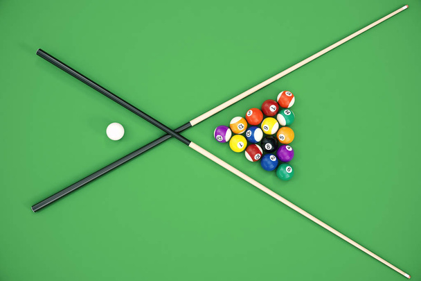 3D illustration Billiard balls in a green pool table, pool billiard game, Billiard concept - Foto, Imagen