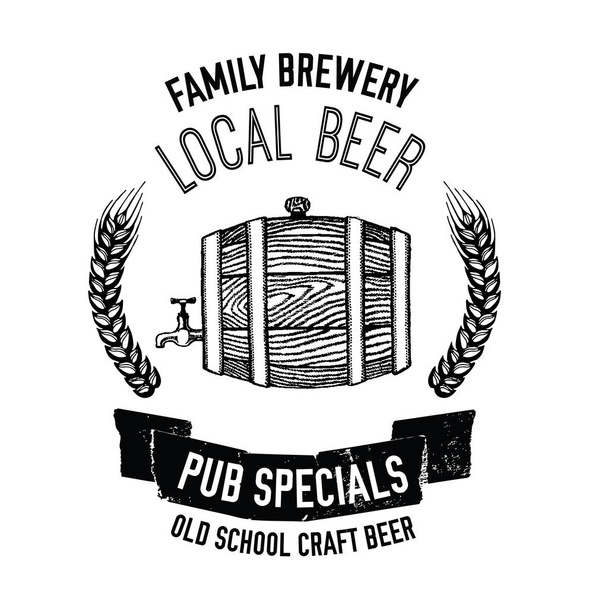 Emblema de cerveza dibujado a mano con barril de cerveza Ilustración para pub, bar, restaurante
 - Vector, imagen