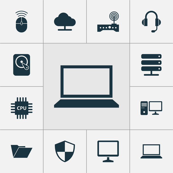 Computersymbole gesetzt. Sammlung von Personal Computer, Baum, Computermaus und anderen Elementen. umfasst auch Symbole wie Laptop, Schutz, Dossier. - Vektor, Bild
