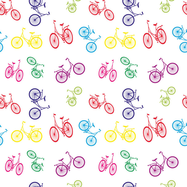 Patrón de bicicleta sin costuras. Estampado deportivo elegante. Ilustración vectorial. Bicicletas multicolores de fondo, se puede utilizar para el papel pintado, relleno de patrones, fondo de página web, texturas superficiales, diseño de tela
. - Vector, imagen