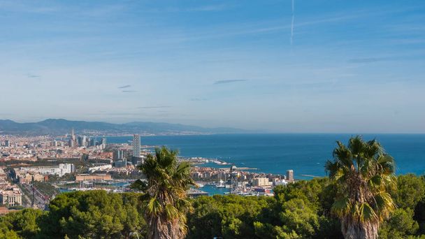  Balearic sea & coastline of modern cosmopolitan city seen from high, cable car over the city. - Photo, Image
