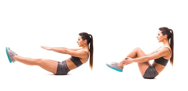 Sport beauty woman do fitness exercises on white background. Woman demonstrate begin and end of torso exercises. Fitness exercises concept. - Foto, Imagen