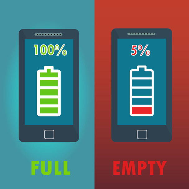 Mobile phones with full and empty battery icons vector concept - Vektor, kép