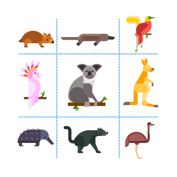 Australia animales salvajes dibujos animados personajes de la naturaleza popular estilo plano y australiano mamífero aussie bosque nativo colección vector ilustración
. - Vector, imagen
