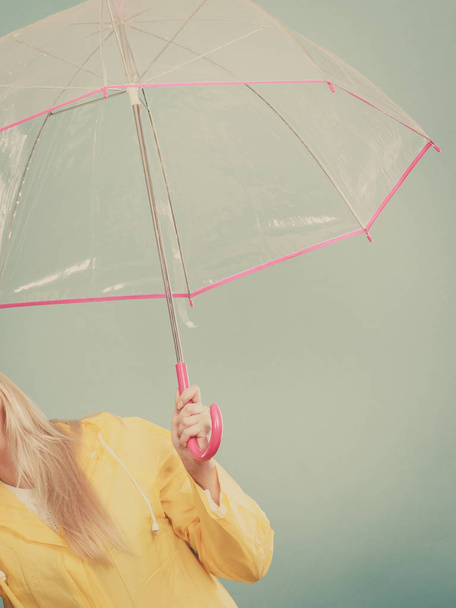 Woman hand holding transparent umbrella - Foto, Bild