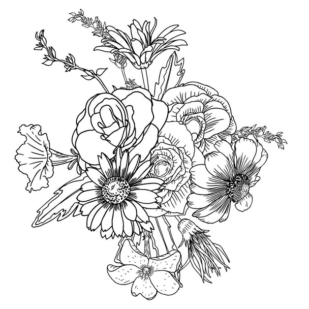 Drawing of spring bouquet with various flowers  - Διάνυσμα, εικόνα