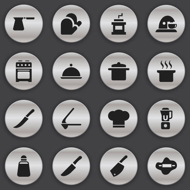編集可能な食事の 16 のアイコンのセットです。ストーブ、スープの鍋、生地などの記号が含まれます。ウェブ、モバイル、Ui とインフォ グラフィック デザインに使用することができます。. - ベクター画像