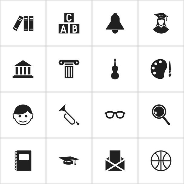 Set de 16 iconos editables de la universidad. Incluye símbolos tales como juego de la cesta, bugle, cubo del alfabeto y más. Puede ser utilizado para el diseño de la tela, móvil, interfaz de usuario e infografía
. - Vector, Imagen