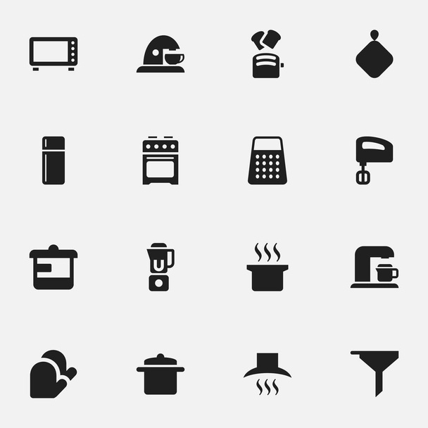 Készlet 16 szerkeszthető Cook ikonok. Magában foglalja a szimbólumokat edények, szelet kenyér, konyhai kesztyű és így tovább. Lehet használni a Web, mobil, Ui és Infographic Design. - Vektor, kép