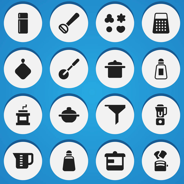 Ensemble de 16 icônes de repas modifiables. Comprend des symboles tels que Pot-Holder, Ustensile, Déchiqueteuse et plus. Peut être utilisé pour le Web, mobile, interface utilisateur et infographie
. - Vecteur, image