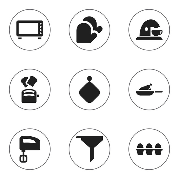 Conjunto de 9 ícones alimentares editáveis. Inclui símbolos como filtragem, agitador, luva de cozinha e muito mais. Pode ser usado para Web, Mobile, UI e design infográfico
. - Vetor, Imagem