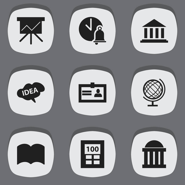 Conjunto de 9 iconos educativos editables. Incluye símbolos como planeta tierra, museo, calculadora y más. Puede ser utilizado para el diseño de la tela, móvil, interfaz de usuario e infografía
. - Vector, Imagen