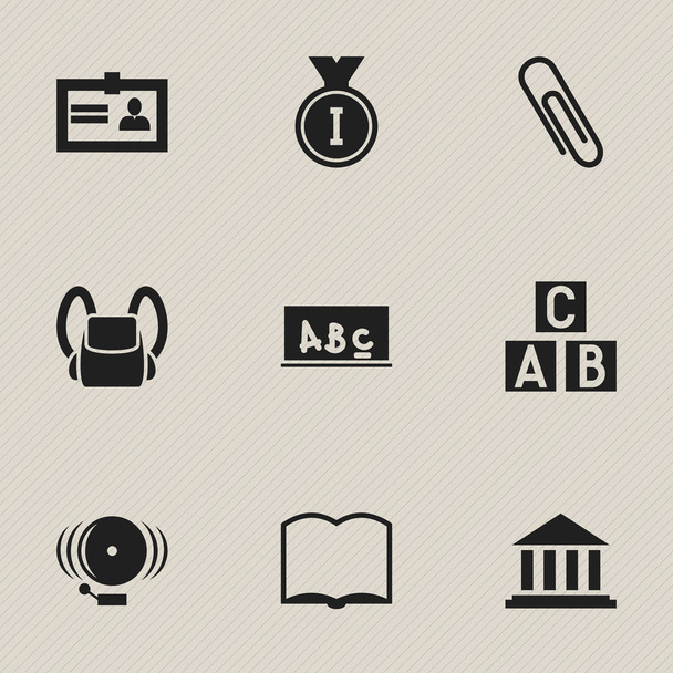 Zestaw 9 ikon edycji Uniwersytetu. Zawiera symbole, takie jak certyfikat, Muzeum, tornister i więcej. Mogą być używane dla sieci Web, mobilnych, interfejsu użytkownika i Infographic Design. - Wektor, obraz