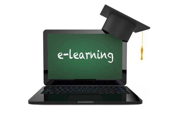 Concepto de Educación en Línea. Sombrero de graduación sobre el ordenador portátil con Blackb
 - Foto, Imagen