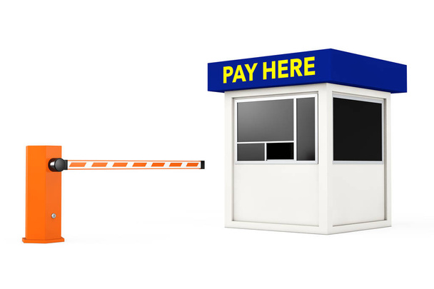 Barreira de carro de estrada e cabine de estacionamento com Pay Here Sign. 3d r
 - Foto, Imagem