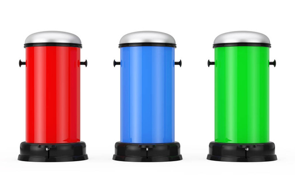 Multicolour Metal Trash Cans with Pedal. 3d Rendering - Photo, Image