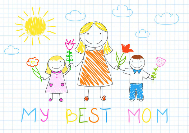 Mutlu aile - anne, kızı ve oğlu - Vektör, Görsel