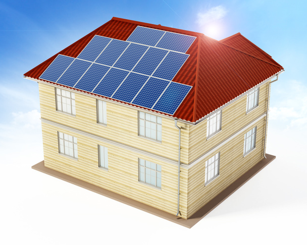 Сонячні панелі встановлюються на даху будівлі. 3D ілюстрація
 - Фото, зображення