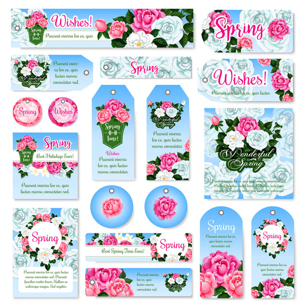 Frühling Rose Blume Geschenk-Tag und Etikett Set-Design - Vektor, Bild
