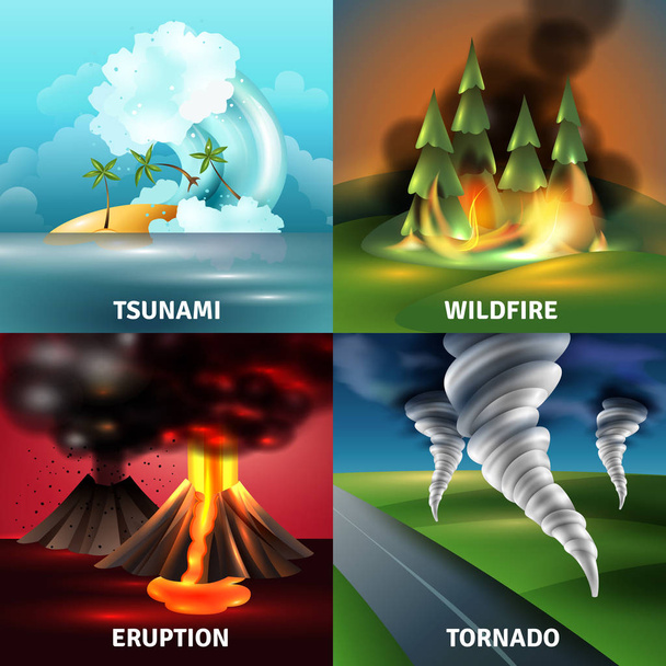 Designkonzept für Naturkatastrophen mit Tsunami Vulkanausbruch mit Lava und Asche Flächenbrand Tornado isolierte Vektorillustration - Vektor, Bild