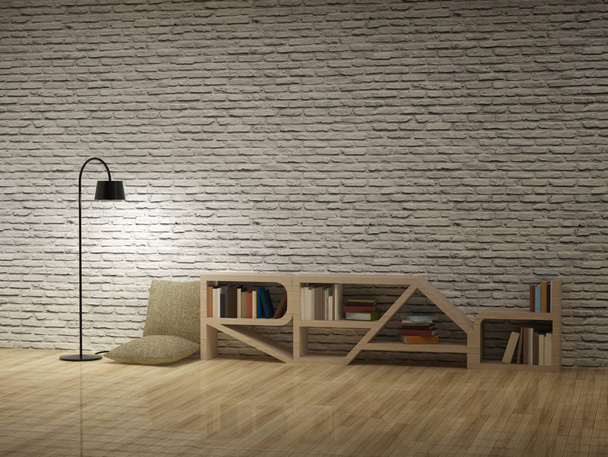 Stehleuchte mit Bücherregal auf Holzboden Ziegelwand - Foto, Bild