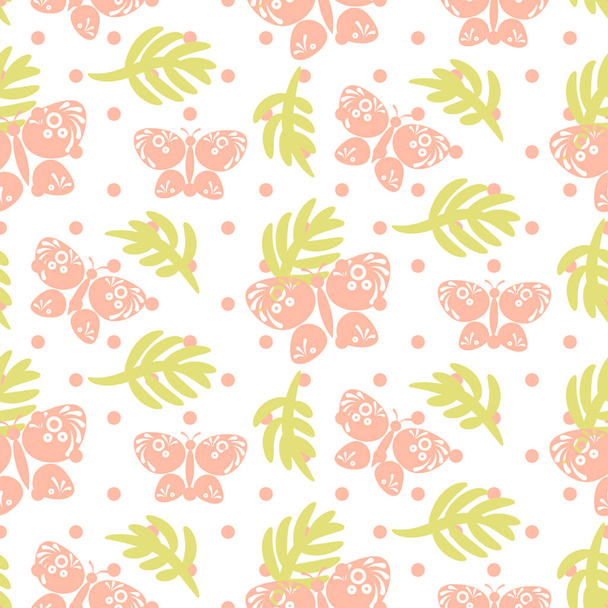 Pink palm leaves and butterflies seamless vector pattern. - Vector, Imagen