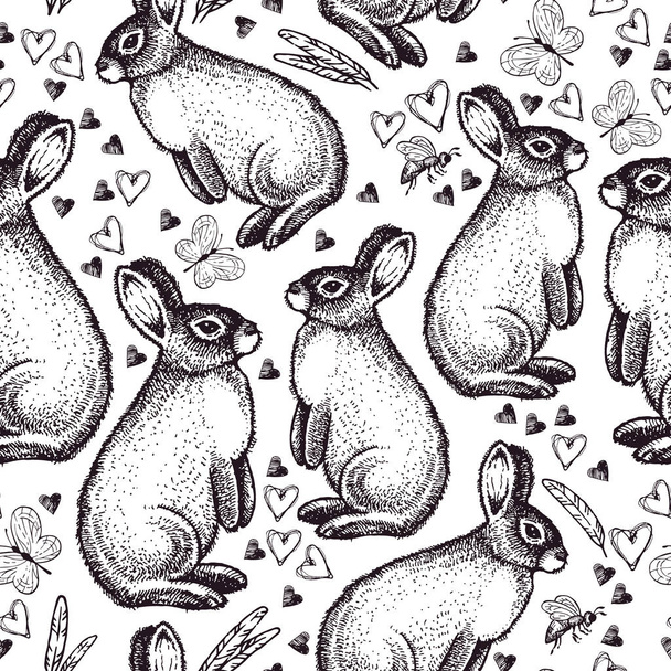 Бесшовный винтажный рисунок с пасхальным кроликом
. - Вектор,изображение
