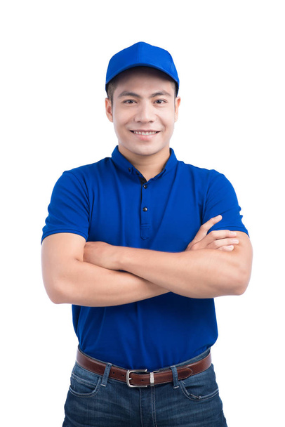 carteiro de uniforme azul
 - Foto, Imagem