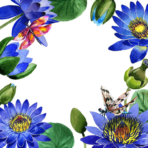 Wildflower blue lotus flower frame in a watercolor style isolated. - Photo, Image