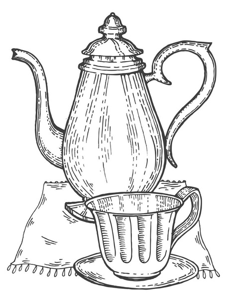 Old vintage teapot and cup engraving style vector - Διάνυσμα, εικόνα