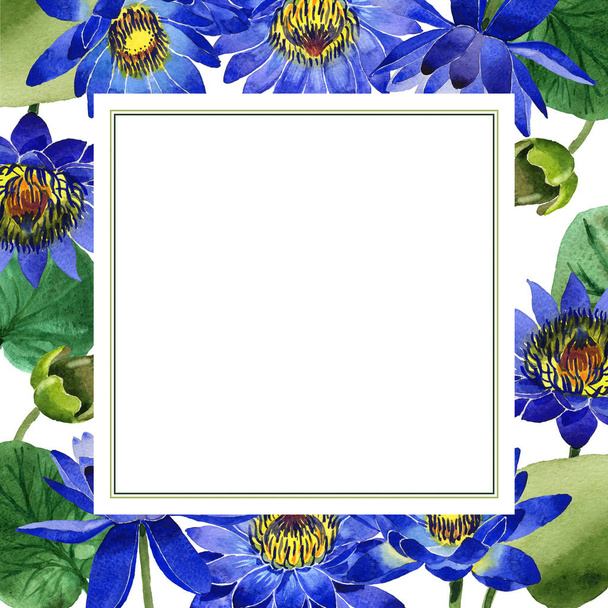 Wildflower blue lotus flower frame in a watercolor style isolated. - Zdjęcie, obraz