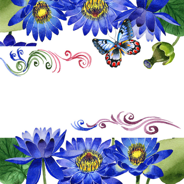 Wildflower μπλε λουλούδι λωτού καρέ σε στυλ υδροχρώματος απομονωμένες. - Φωτογραφία, εικόνα